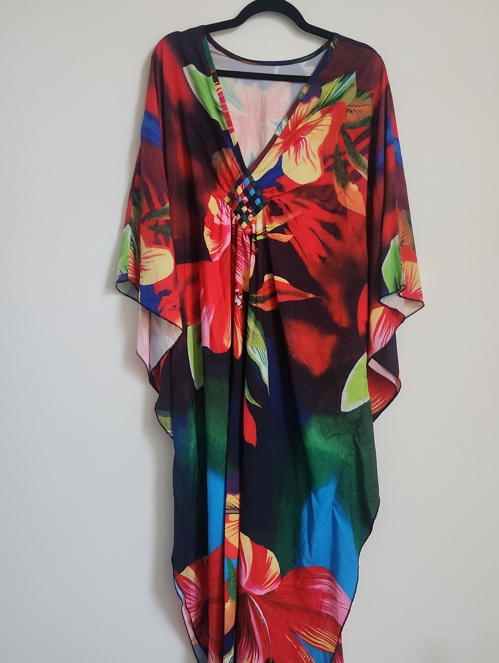 Vibrant Floral Kaftan Cover-Up in Red, Green, Blue